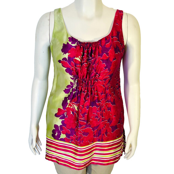 CAbi Tops - Cabi Tunic Tank Top Womerns M Purple Green Silk Floral Ruffled Scoop Style #103